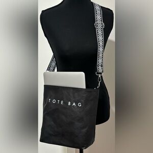 Black Faux Leather Crossbody Tote • Adjustable Woven Strap • Zipper Closure